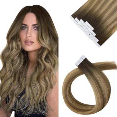 Imagem de Sunny Hair Extensões de cabelo humano fita adesiva extensões de cabelo humano 55 cm fita de cabelo humano real em extensões para mulheres marrom escuro ombré marrom mix caramelo loiro virgem cabelo