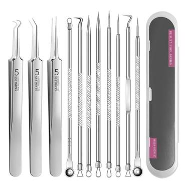 Imagem de Conjunto de ferramentas extrator de espinhas 11P com pinças/kit profissional de remoção de cravos de aço inoxidável/conjunto de cuidados faciais com estojo transparente