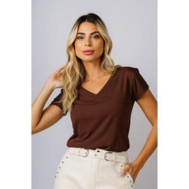 Imagem de T-shirt Básic D Bell Outlet Fashion Gola V Marrom-Feminino