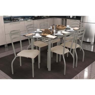 Imagem de Conjunto: Mesa Sala Jantar Elba C- Tampo De Vidro 150cm E 6 Cadeiras Portugal Niquel - Courano Bege - Kappesberg