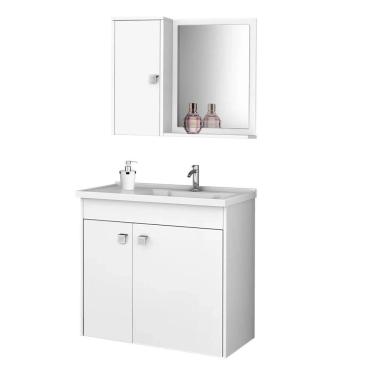 Imagem de Kit Banheiro Gabinete 56cm Pia e Armário com Espelho Munique Branco - Bechara