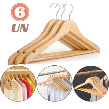 Imagem de Kit 6 Cabides de Madeira Verniz 45cm com Barra para Calças Gancho 360 Organizador de Ro...