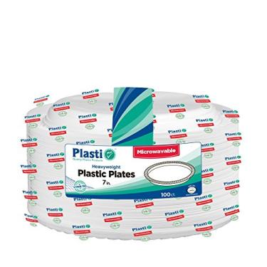 Imagem de Plasti Plus 100 pratos descartáveis de plástico pesado seguros para micro-ondas, 17 cm, branco