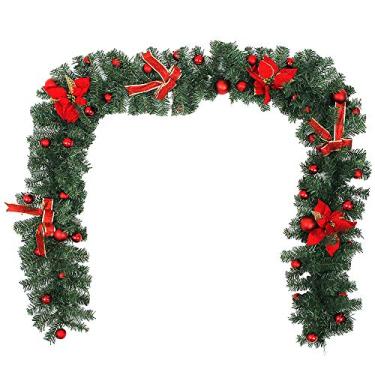 Imagem de Yajun Guirlanda verde de Natal para decoração de parede de casa para sala de estar, cozinha, lareira de 2,7 m, vermelho + leve