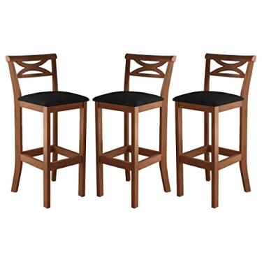 Imagem de Kit 3 Banquetas Alta X Estofada 38x104Cm Ilha Encosto Madri Madeira Maciça Pinhão Suede Preto - CCS