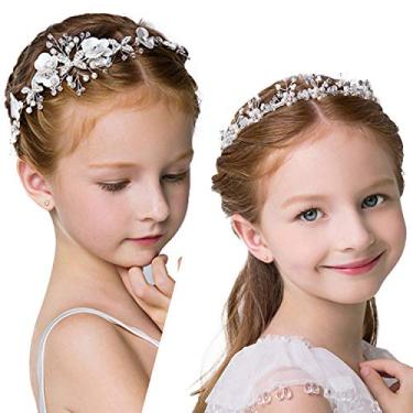 Imagem de WILLBOND 2 peças de flores para meninas, tiara de presente de coroa de princesa de casamento, tiara de primeira comunhão para meninas e mulheres, strass de cristal, pérola, floral, acessórios de