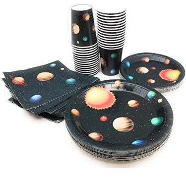 Imagem de Serve 30 | Pacote completo de festa | Espaço externo | pratos de papel de jantar de 22,86 cm | pratos de papel de sobremesa de 17,78 cm | copos de 255 ml | 3 guardanapos | tema de festa no espaço externo