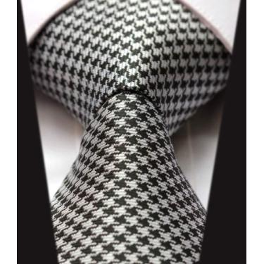 Imagem de Intrepid Feito à mão, acessório de guarda-roupa executivo, preto e branco (cor smoking) Houndstooth Gravata masculina de seda jacquard de 8,6 cm