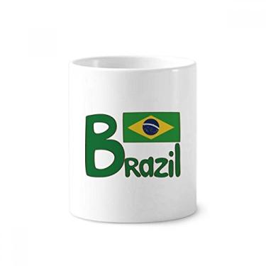 Imagem de Suporte de caneta de escova de dentes com estampa verde da bandeira nacional do Brasil, suporte de cerâmica