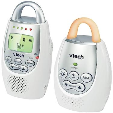 Imagem de VTech Monitor de áudio para bebês DM221 com alcance de até 0,30 m, alerta de som vibratório, interfone de conversa e loop de luz noturna, branco/prata