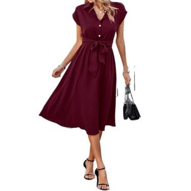 Imagem de Camisa Feminina Solid Batwing Sleeve Belted Dress (Color : Burgundy, Size : M)