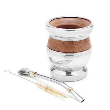 Imagem de BALIBETOV Conjunto de cabaça de madeira de erva mate - alfarroba tradicional e alumínio (copo de casal) com bombilla (palha de erva mate) (madeira com base de alumínio) (madeira de alfarroba com aro e