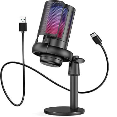 Imagem de Microfone USB para PC, microfone de jogos de computador para PS4/PS5/Mac, microfone condensador com mudo rápido, luz RGB, filtro pop, suporte de choque, botão de ganho e conector de monitoramento para