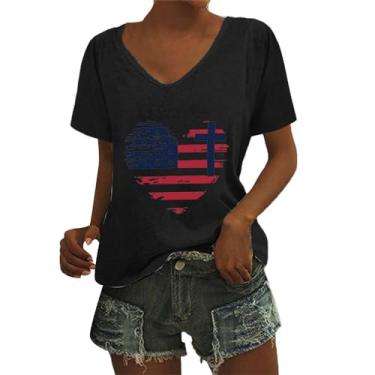Imagem de Camiseta feminina 4 de julho, blusas do Dia da Independência, camiseta estampada com bandeira dos EUA, túnica, camiseta casual de verão, Preto, G