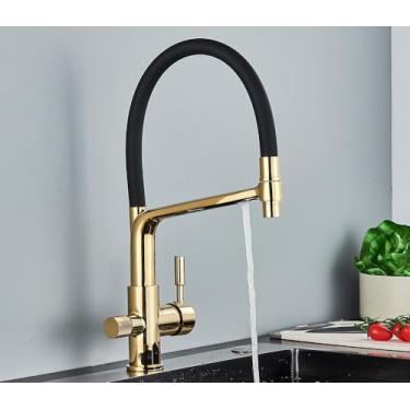 Imagem de Filtro torneira da cozinha ouro escovado 360 giratória torneiras de água pura para cozinha preto pull down purificação misturador água, ouro b