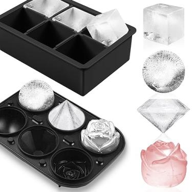 Imagem de AMFOCUS Pacote com 2 bandejas de gelo quadradas e redondas de silicone para freezer – formas de gelo esfera, rosa, diamante para uísque, coquetéis e faça você mesmo, preto