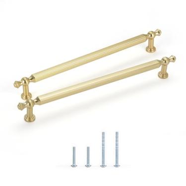 Imagem de Satanga Puxadores de armário de cozinha em latão escovado moderno maçanetas de gaveta 18 cm pacote com 4 ferragens decorativas para puxadores rústicos de cômoda antiga porta de armário móveis de