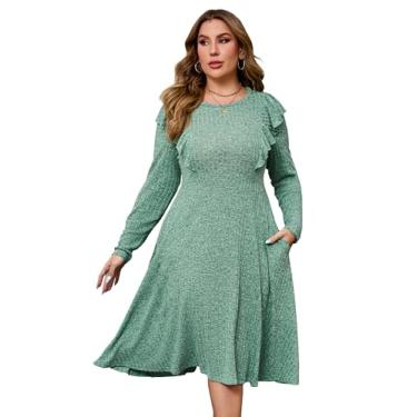 Imagem de KOJOOIN Vestido feminino plus size de malha com gola redonda, vestido midi de manga comprida, vestido casual, bainha com babados, vestido de outono fino, Verde, 4G