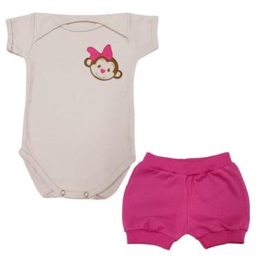 Imagem de Conjunto Body Manga Curta Bebê Macaquinha Laço Pink + Shorts - Mellane