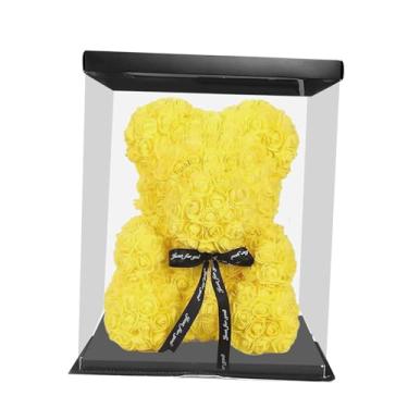 Imagem de Wswqop Urso Rosa com Caixa de Presente Romântico Feriado Flor Preservada Urso Flores Artificiais Presentes Dia Das Mães para Namorada Mulheres Amantes, amarelo, Tamanho real