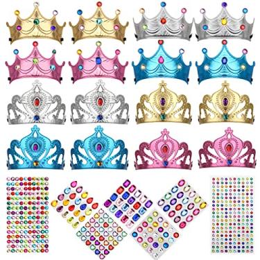 Imagem de 16 peças, coroas e tiaras de princesa de espuma para crianças, lembrancinhas de festa de aniversário, kit de coroa de príncipe DIY Tiara de papel com diamante de cristal adesivo infantil Princesa King Crowns