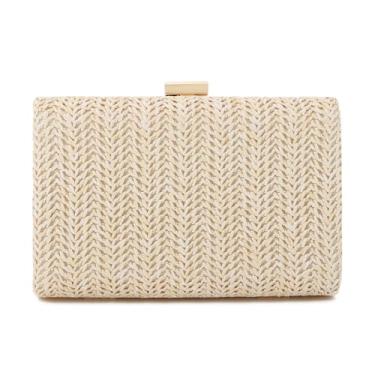 Imagem de Freie Liebe Bolsas clutch de palha para mulheres, bolsa de verão para noite, ráfia, bolsas transversais, bolsas de praia de tecido, Branco, Small
