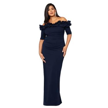 Imagem de Xscape Vestido feminino plus size longo tomara que caia com babados e crepe, Azul marino, 48