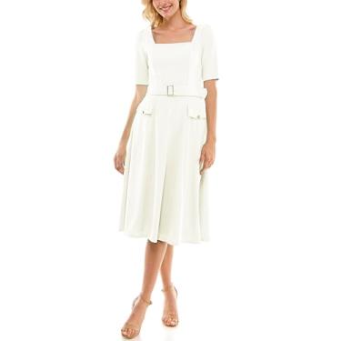 Imagem de Maison Tara Vestido midi feminino com decote quadrado e bolsos, Branco de inverno, 38