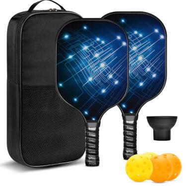 Imagem de Conjunto de 2 pás de pickleball de fibra de carbono inclui 4 bolas, 2 apanhadores de bolas, 1 bolsa de bola, melhores presentes para equipamentos de pickleball júnior e profissional (azul)