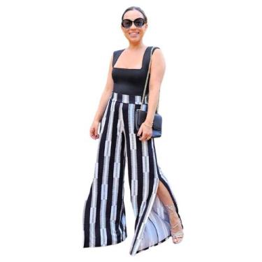 Imagem de Calça pantalona com Fenda na lateral Listrado PB - Maranne, Branco, M