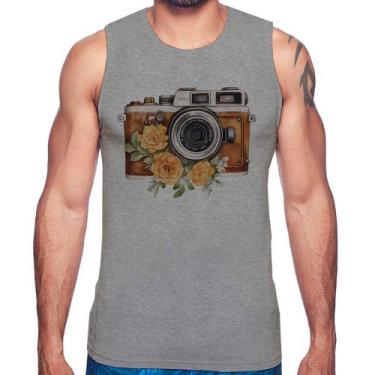 Imagem de Regata Máquina Fotográfica Vintage e Flores - Foca na Moda, Cinza, P