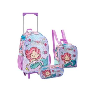 Imagem de Kit Mochila Rodinha Sereia Unicórnio Escolar Meninas 3 Itens - Seanite