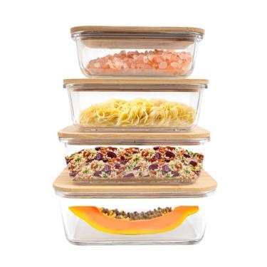 Imagem de kit 4 potes de vidro com tampa de bambu hermético marmita retangulares