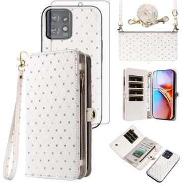 Imagem de Asuwish Capa de celular para Motorola Edge+ Plus 2023/Edge 40 Pro 5G/Moto X40 Carteira com zíper destacável com protetor de tela de vidro temperado, alça flip com glitter, compartimento para cartão X