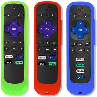 Imagem de Pinowu [Pacote com 3] Capa remota/capa de bateria para controle remoto TCL Roku Smart TV, capa protetora de silicone capa universal (brilha no escuro) com alça de pulso (brilho verde, azul e vermelho)