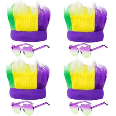Imagem de 4Pcs Mardi Gras Troll Hair Headbands with 4 Glasses, Silly Crazy Hair Masquerade Carnival Cosplay Accessories Women Men (Purple Yellow Green)