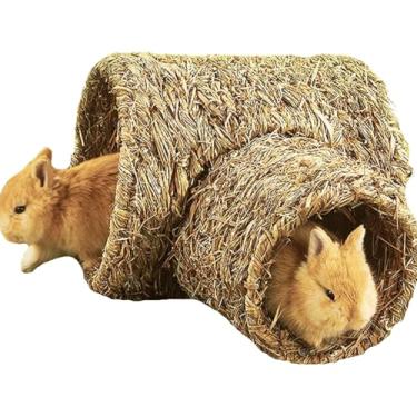 Imagem de Copfeu 2 peças túnel de brinquedo de palha, tubo de dormir de coelho, túnel de hamster, acessórios para porquinhos-da-índia, túneis esconderijos de hamster, túnel esconderijo de chinchila para animais