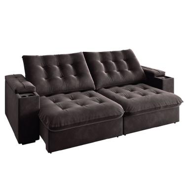 Imagem de Sofá Retrátil e Reclinável 3 Lugares 2,30m com Porta Copos Veludo New Coliseu Selmer Cinza