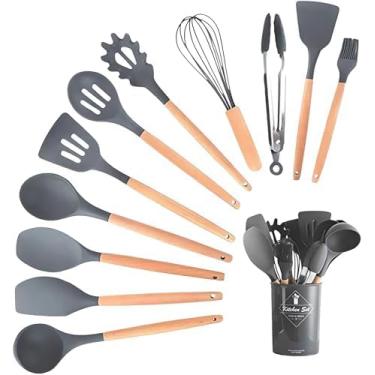Imagem de Kit 12 Utensílios De Cozinha Em Silicone E Cabo De Madeira, Conjunto Antiaderente, Possui Espátulas, Colheres, Pegadores, Fouet, Pincel e Suporte Premium (Cinza)