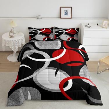 Imagem de Feelyou Conjunto de cama de arte abstrata para crianças, meninos, meninas, tamanho Queen, preto, cinza, vermelho, ultramacio, geométrico, arte moderna, conjunto de edredom retrô
