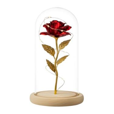 Imagem de Flor Artificial na Cúpula com LED Colorido – 22cm | Presente Decorativo Romântico para Namorados, Casais, Aniversário, Casamento, Sala ou Quarto – Rosa Encantada com Base Elegante