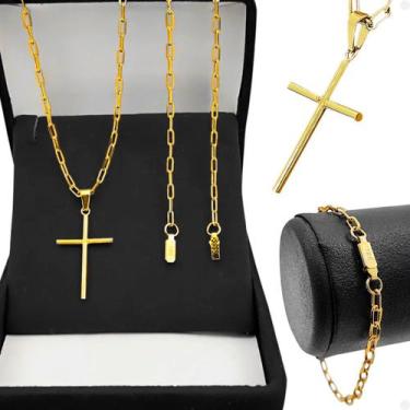 Imagem de Pulseira + pingente crucifixo + corrente dourada aço inox original mod