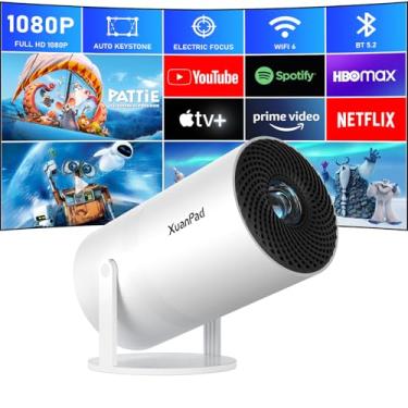 Imagem de XuanPad [Foco elétrico] Mini projetor Full HD 1080p com aplicativo Android, projetor portátil com WiFi 6 e Bluetooth, correção vertical automática, projetor de filmes ao ar livre com rotação de 180°