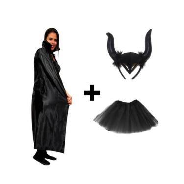 Imagem de Fantasia Kit Malévola Carnaval Halloween Cosplay Bruxa Noites do Terro