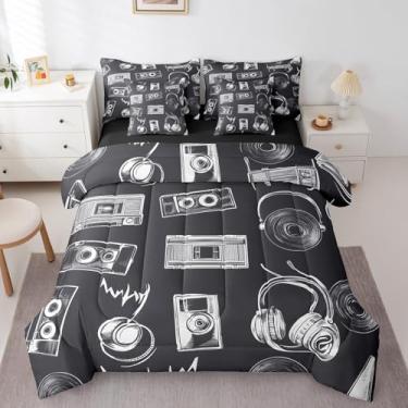 Imagem de Erosebridal Jogo de cama de casal com tema de música, 7 peças, conjunto de cama de casal em uma bolsa, fone de ouvido, disco de som, caixa de som com edredom, conjunto de cama com alto-falante de CD