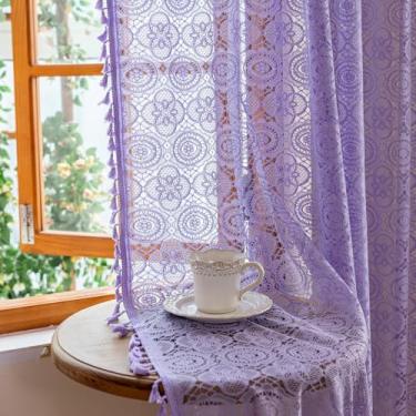 Imagem de Cortinas transparentes lavanda 153 cm de comprimento para quarto de meninas 2 painéis, cortinas de crochê boho com bolso de haste floral roxo claro painéis de cortina de renda para armário de cozinha