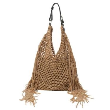 Imagem de GJHFCXSO Bolsa De Praia Feminina de Tecido Boho Bolsa de Ombro Macia com Borla Bolsa Casual Para FéRias Verão,Khaki