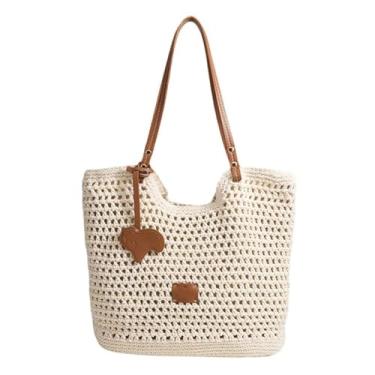 Imagem de GJHFCXSO Bolsa De Praia De Crochê para Mulheres Bolsa de Verão Macia de Palha Dobrável de Malha Grande Capacidade Bolsa de Ombro,Beige a