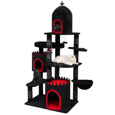 Imagem de YARUOMY Árvore Para Gatos Estilo Castelo Gótico, Torre Alta Preta De 68,9 Pol. Com Cama Tipo Caixão Para Gatos, Condomínio Espaçoso Para Gatos Grandes, Postes Para Arranhar, Bola Pendurada Em Forma