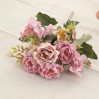 Imagem de Arranjo de flores artificiais de seda, buquê de peônias, vaso, flores falsas para casa, casamento, jardim, sala, decoração faça você mesmo, acessórios para festa (roxo)